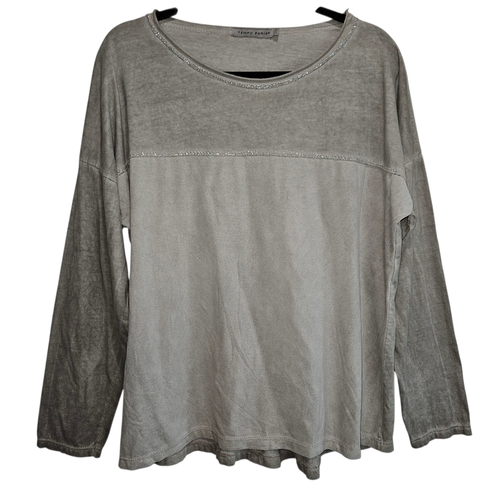 Tempo Paris Gray Long Sleeve Shirt Top Small / Medium Suede Feel Mixed Texture